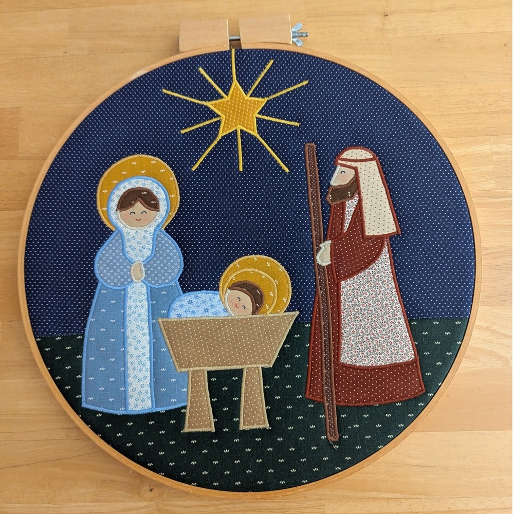 Vintage 1984 Nativity Scene Embroidery Hoop Art Fabric Applique Christmas Decor